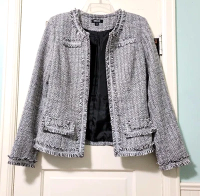 NEW Metrostyle Tweed Suit Jacket Blazer 6 Small Medium Gray Black Lined Fringe - Image 1 of 4