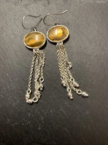 Vintage Oval Tiger Eye and Silver Tassel Earrings By Monet - Picture 1 of 11