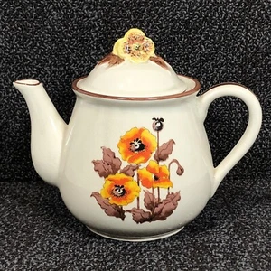 Vintage Japan Steinzeug Boho Keramik Kaffee Teekanne braun, orange & gelb Mohnblumen - Bild 1 von 12