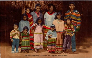 Postal Seminole Niños Tropical Hobbyland Everglades Florida Lino Sin Publicar - Imagen 1 de 2