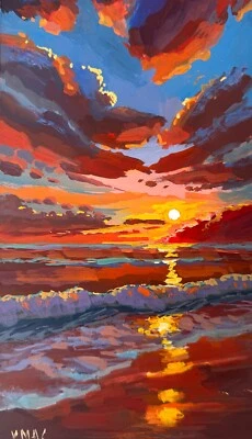 原版风景画签名日落云收藏品印象派艺术 — 第 1/3 张图片