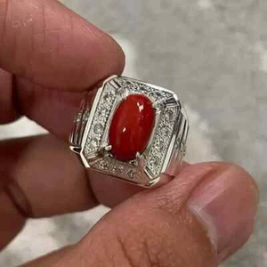 Natural Coral Rings Mens Marjan Rings 925 Silver Ring Shia Rings Handmade Coral - Picture 1 of 5