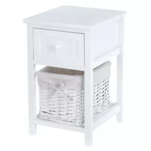 LIVIVO Shabby Chic Bedside Table Drawers Cabinet 1 Wicker Storage Wooden White - Picture 1 of 9