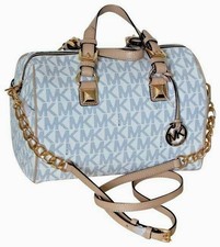 🌞MICHAEL KORS GRAYSON CHAIN LOGO MONOGRAM MD NAVY BLUE WHITE SATCHEL BAG🌺NWT!