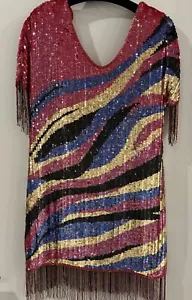 Vtg Pink Multi Colored Beaded Harlequin Style Dress Size M/L - Picture 1 of 9