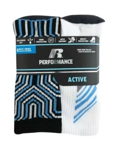 RUSSELL Boys Performance Active Crew Socks 6 Pairs pk NWT black, blue Sizes M, L - Picture 1 of 5
