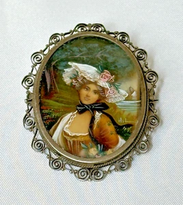 Original Hill Hand Painted Portrait Pendant Antique Medallion 800 Silver Brooch - Picture 1 of 9