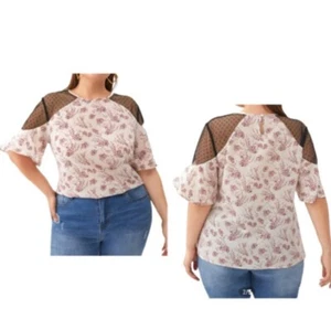 SHEIN Curve Plus Mixed Media Bluse 3XL elfenbein burgund Blumenmuster Netz Rüschen  - Bild 1 von 13