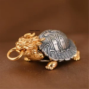 Real Pure S925 Sterling Silver Lucky Enamel Dragon Turtle Pendant 11-12g 35*18mm - Picture 1 of 5