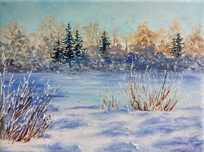 Winter Ölmalerei 24x18 cm Schneelandschaft Original Ölgemälde auf Leinwand - Bild 1 von 4