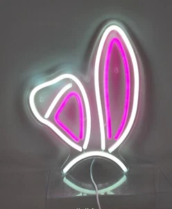Bunny Ears LED Neon Hanging Cartoon Night Light Pink White Flopped Ear - Picture 1 of 9