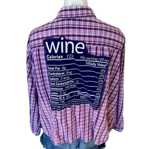 Wine Label Plaid Flannel Shirt 3X Shacket Oversize Unique Upcycled Purple Funny - Picture 1 of 5