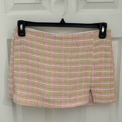 Zara Tweed Skort Shorts Size Medium Pink Green Preppy Mini Plaid Pastel - Изображение 1 из 4