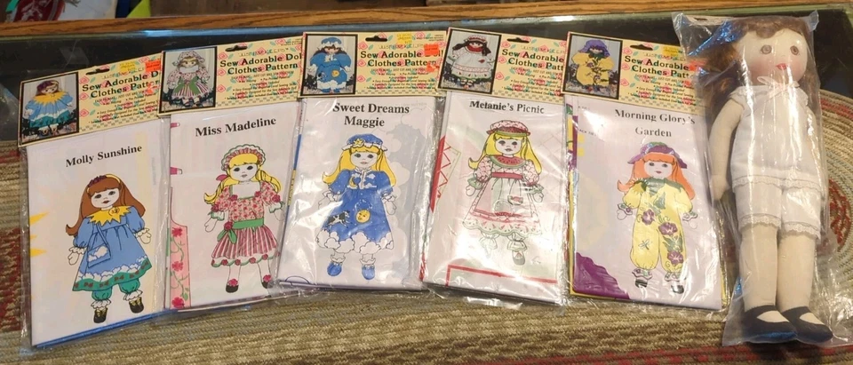 Vintage 1993 Sew Adorable Doll Clothes 5 Patterns cut & Sew Printed Cloth + Doll - Image 1 of 4