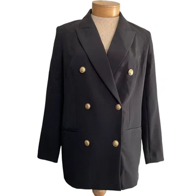 Blazer Express Editor Mujer L Negro Doble Pecho Dorado Botón Muesca Solapa Nuevo Foto 1 de 4
