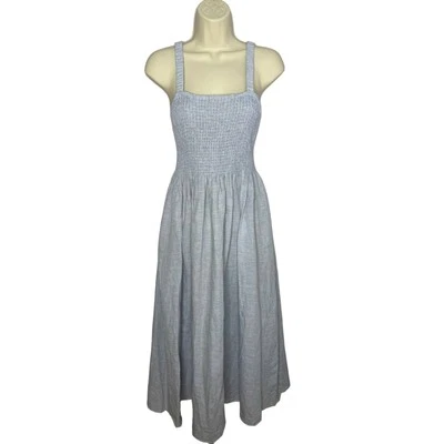 J. Vestido midi Crew Smocked Beach retro de lino mezcla de algodón azul mediano para mujer  Foto 1 de 4