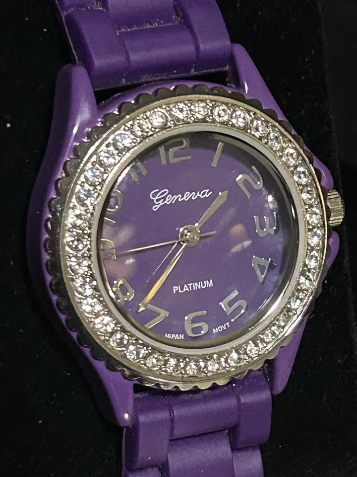 Geneva Platinum Purple Women’s Quartz Watch – Crystal Bezel, New Battery Cleaned - Image 1 of 4