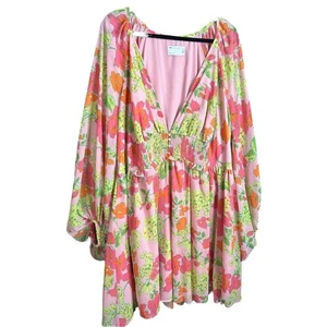 ASOS CURVE | Floral Mini Dress Shirred Waist Peach Size 18 Summer Party Brunch - Picture 1 of 16