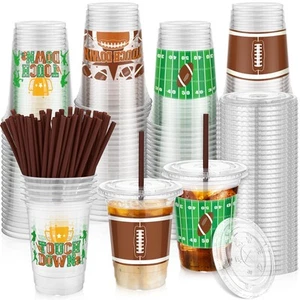 60 Sets Football Party Plastic Cups 16oz Clear Cups with Lids and Straws Foot... - Picture 1 of 7