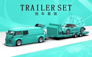 Set rimorchio - VW T1 + Porsche 918 + rimorchio - turchese - Time Micro 1:64 - Foto 1 di 6
