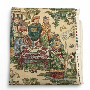 Vintage Schumacher Divinite Chinoiserie Chinesische Prozession Stoffrest Leinen - Bild 1 von 9