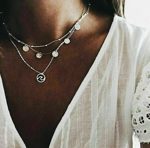 Round Necklace Silver Wave Pendant Circle Boho Chain Multi-layer Women - Picture 1 of 3