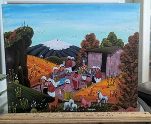 Vintage Magischer Realismus Volkskunst Gemälde auf Leder Erzählung Tigua Ecuador Surreal - Bild 1 von 21