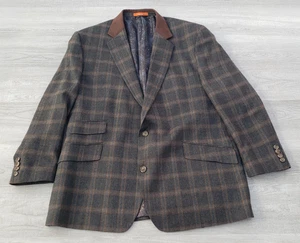 Tallia Wool Blend Plaid Sport Coat Sz 48R Brown Blue Suede Collar Dark Academia - Picture 1 of 18