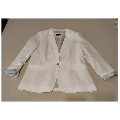 Talbots Petite White Linen Blend Blazer Button Front Striped Lining Size 10P - Image 1 of 4