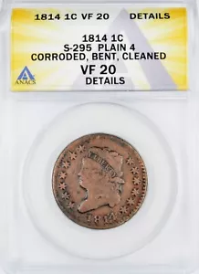 1814 Classic Head Large Cent 1c - ANACS VF20 Details - Plain 4 Sheldon 295 - Picture 1 of 4