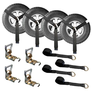 USA 4 Pack 2" x 10' Lasso Wheel Lift Strap Ratchet w/ J Finger Hook Towing Black - Picture 1 of 7