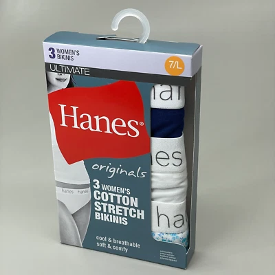 HANES 3 PK Originales Mujer Transpirable Algodón Tanga Ropa Interior Talla 7L Azul Marino/Blanco Foto 1 de 4