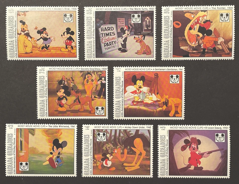 JUEGO DE SELLOS CLIPS DE PELÍCULA DE DISNEY 65 CUMPLEAÑOS GRANADA GREEN MICKEY 8V 1993 MNH  Foto 1 de 1