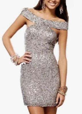 Vestido de cóctel Scala 14185 con hombros descubiertos plateado brillante lentejuelas seda talla 6 Foto 1 de 4