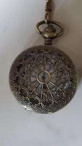 Bronze Hollowed Flower Vine Skeleton Pocket Watch With Chain - Picture 1 of 8