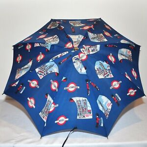 VTG London England Umbrella Iconic Sites Waterloo Westminster Abbey Navy Blue Sm
