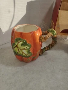Harvest Pumpkin Leaf 3D Mug Vine Handle Ceramic Orange Fall Thanksgiving Planter - Picture 1 of 9