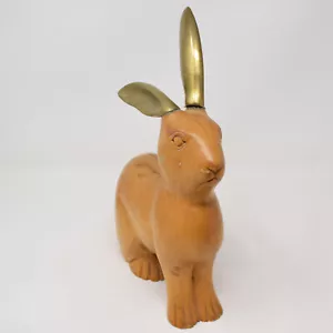 Geschnitztes Holz Hase Kaninchen Messing Ohren Schwanz realistische Volkskunst Statue Figur Vintage - Bild 1 von 19