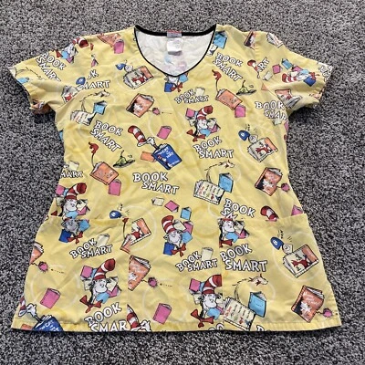 Womens Scrub Top Size Small S Dr.Seuss Book Smart Cat In the Hat Small Pockets - Image 1 of 4