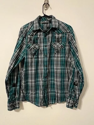 靛蓝星星格子纽扣衬衫刺绣十字 Y2K (Sz M) — 第 1/4 张图片