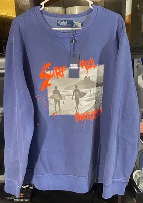 NUEVO CON ETIQUETAS Polo Ralph Lauren Surf Brasil Cuello Redondo Sudadera Azul Gráfico XL Foto 1 de 4