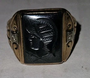 Men's Vintage 10k Yellow Gold, Carved Hematite Ring With 2 Diamonds Size 9.5 - Picture 1 of 10