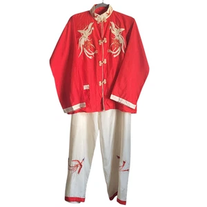 Vtg 1949 Japanese Embroidered Crane Pajama Set Red White Lounge 2 pc. Silk - Picture 1 of 11