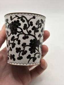 Vtg Fine Metal Cloisonne Cherry Blossom Inlay Brass Lined Cup Black/White 2.5” - Picture 1 of 12