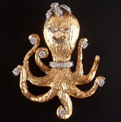 Broche prendedor estilo pulpo diamante redondo platino oro amarillo 18k .66ctw 18,1 g Foto 1 de 4