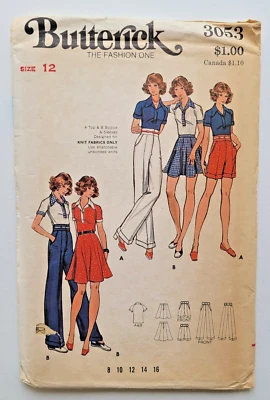 Top, falda, pantalones cortos tejido Butterick 3053 Misses de colección años 70 12 UC Foto 1 de 3