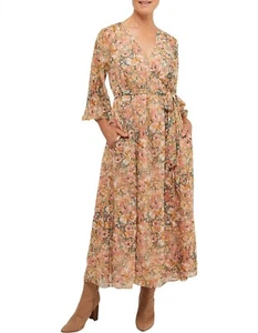 SPORTSCRAFT Flora wrap dress sz 12 / pastel floral pockets lined sheer maxi - Picture 1 of 12