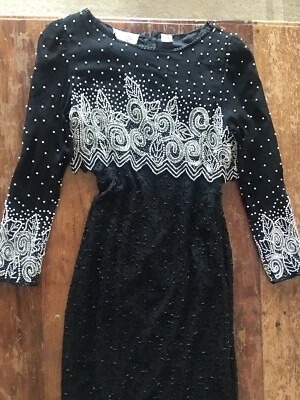 Vestido de Colección Años 90 Laurence Kazar Cuentas Perla Declaración Fiesta Formal Llamativo Seda Foto 1 de 4