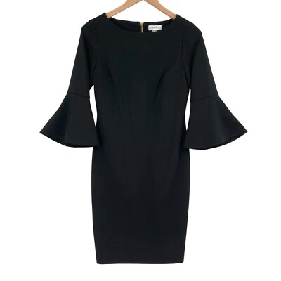 Calvin Klein Sheath Dress Womens Petites 6P Black Bell Sleeve Boat Neck Back Zip - Image 1 of 4