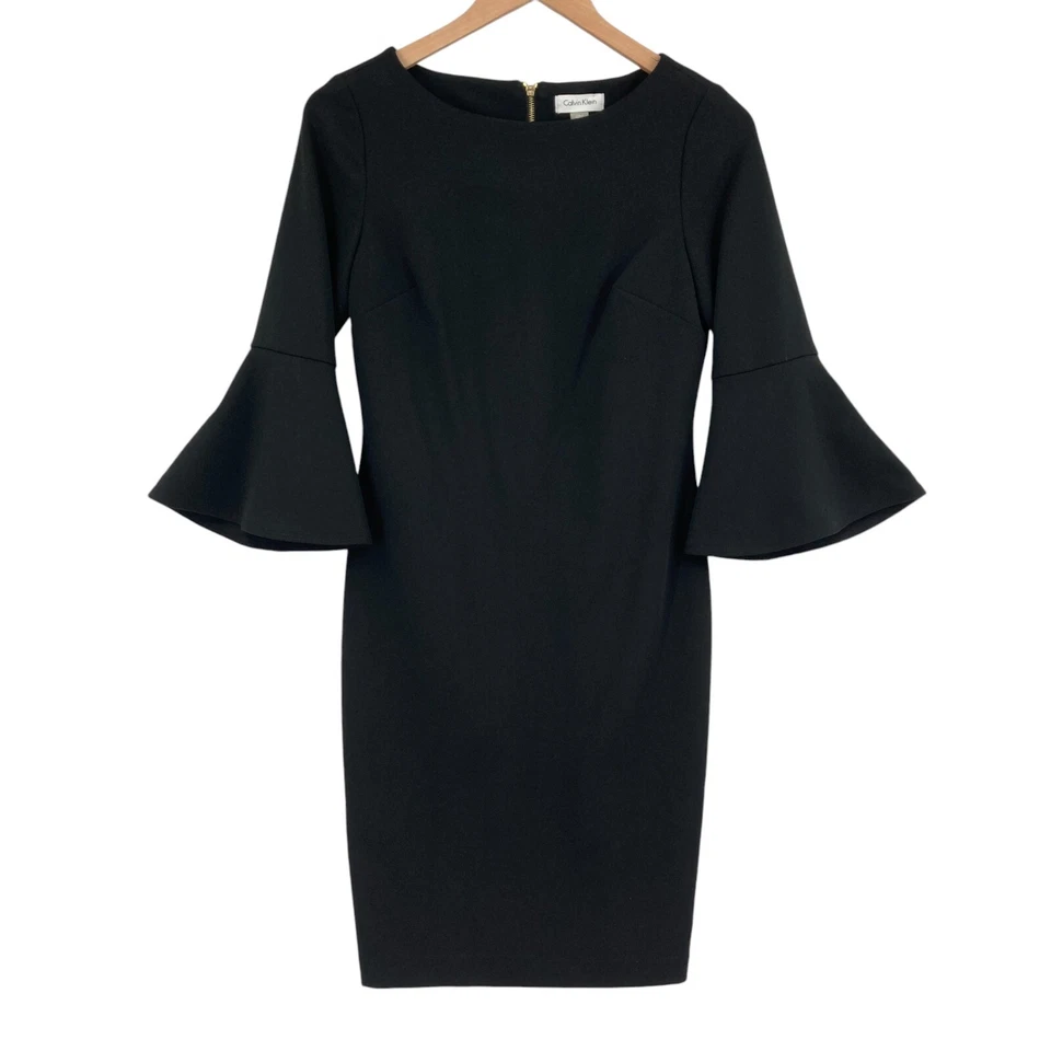 Calvin Klein Sheath Dress Womens Petites 6P Black Bell Sleeve Boat Neck Back Zip - Image 1 of 4